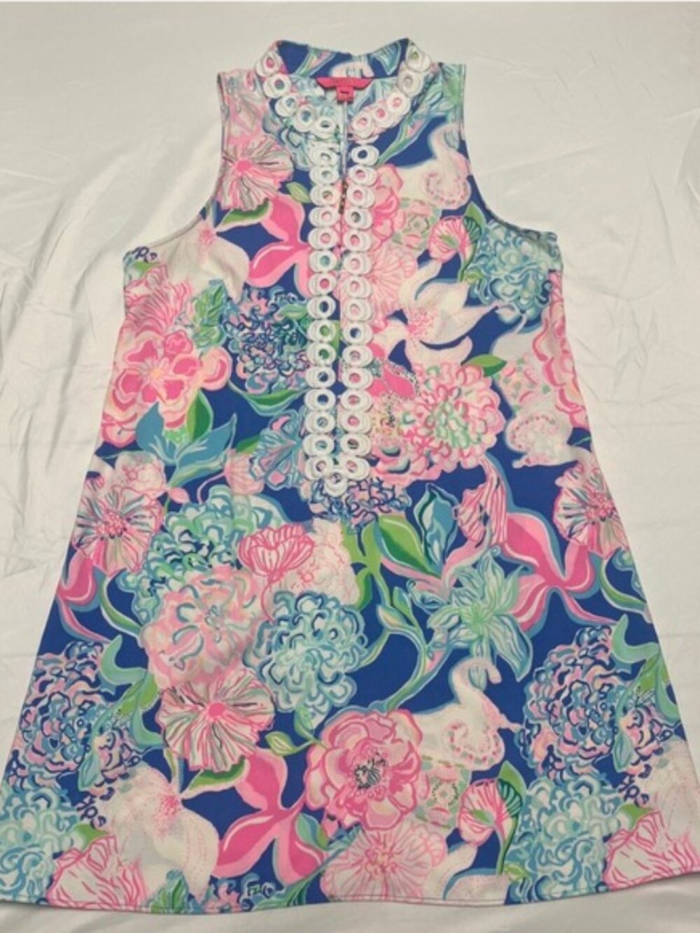 Lilly Pulitzer Sleeveless Floral Shift Dress Pink Blue Lace Trim Size 10